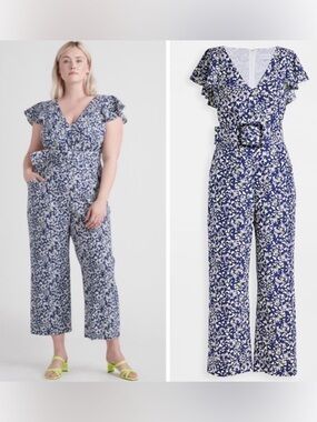 Tanya Taylor Avalon Floral Confetti Ruffle Shoulder Belted Jumpsuit Size 16